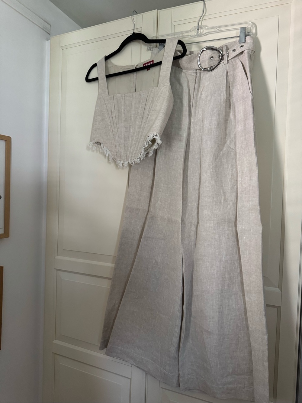 STAUD Triton Set Linen Wide-Leg Pants with Silver Buckle Belt & Linen Corset - Picture 11 of 12